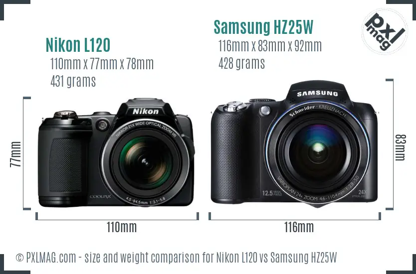 Nikon L120 vs Samsung HZ25W size comparison Nikon L120 vs Samsung HZ25W size comparison