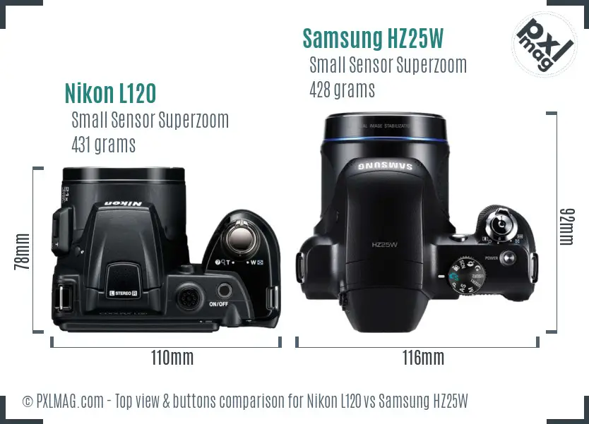 Nikon L120 vs Samsung HZ25W top view buttons comparison Nikon L120 vs Samsung HZ25W top view buttons comparison