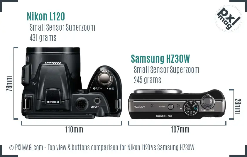 Nikon L120 vs Samsung HZ30W top view buttons comparison