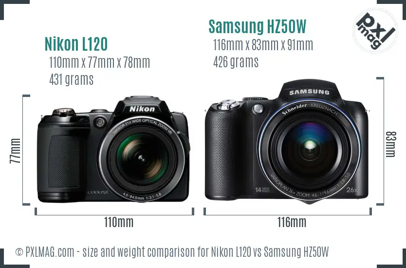 Nikon L120 vs Samsung HZ50W size comparison