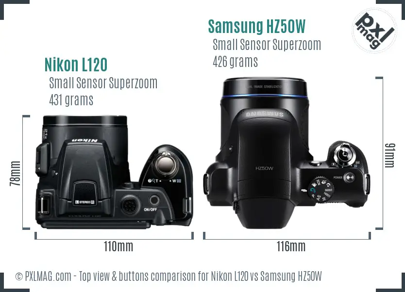 Nikon L120 vs Samsung HZ50W top view buttons comparison