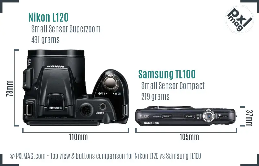 Nikon L120 vs Samsung TL100 top view buttons comparison