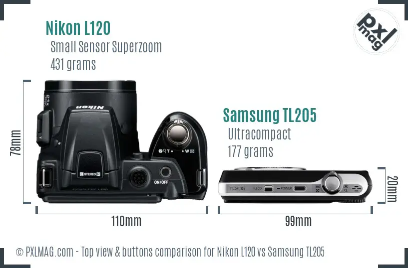 Nikon L120 vs Samsung TL205 top view buttons comparison