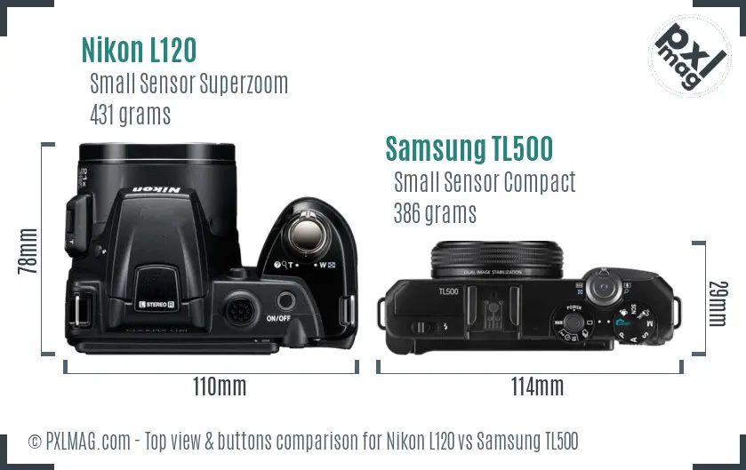 Nikon L120 vs Samsung TL500 top view buttons comparison