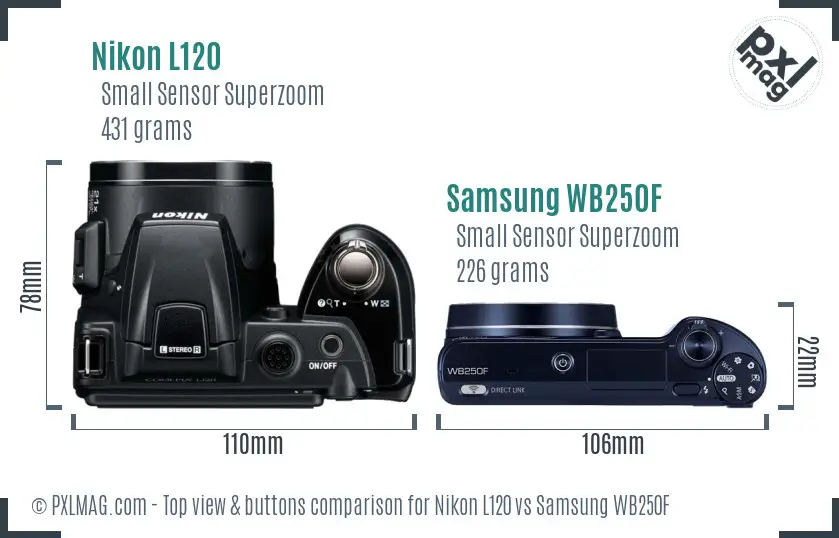 Nikon L120 vs Samsung WB250F top view buttons comparison