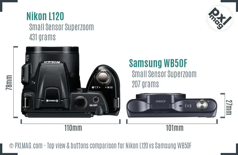 Nikon L120 vs Samsung WB50F top view buttons comparison Nikon L120 vs Samsung WB50F top view buttons comparison