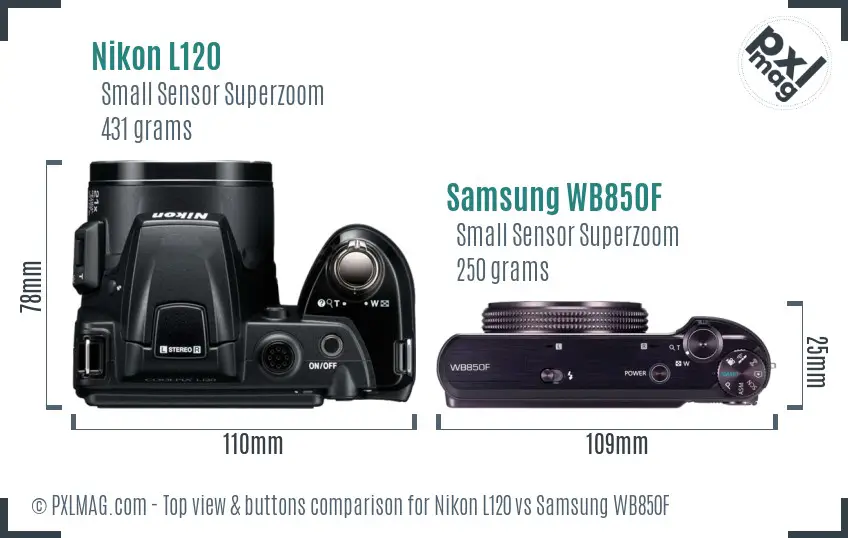 Nikon L120 vs Samsung WB850F top view buttons comparison Nikon L120 vs Samsung WB850F top view buttons comparison