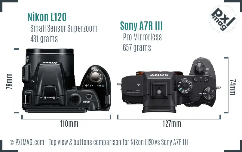 Nikon L120 vs Sony A7R III top view buttons comparison