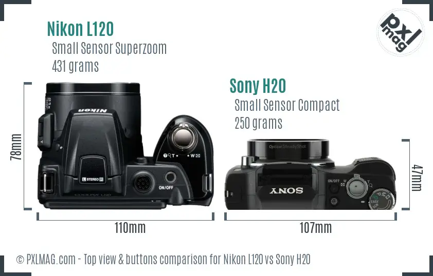 Nikon L120 vs Sony H20 top view buttons comparison