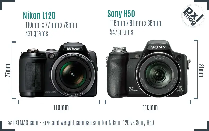 Nikon L120 vs Sony H50 size comparison