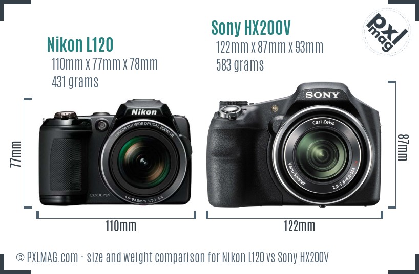 Nikon L120 vs Sony HX200V size comparison