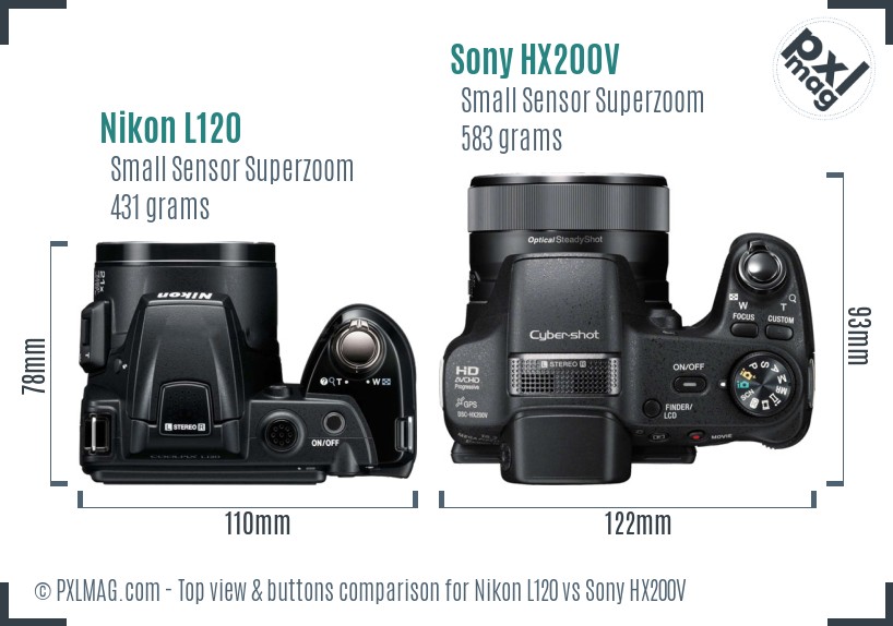 Nikon L120 vs Sony HX200V top view buttons comparison
