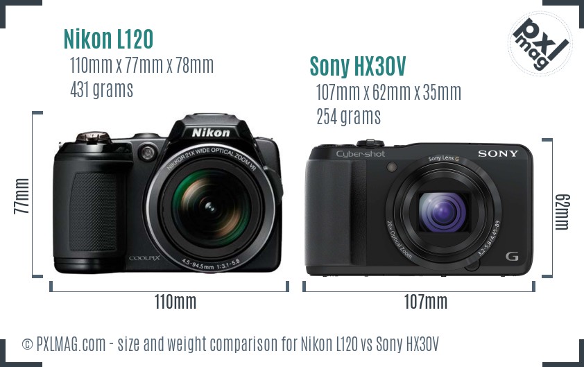 Nikon L120 vs Sony HX30V size comparison