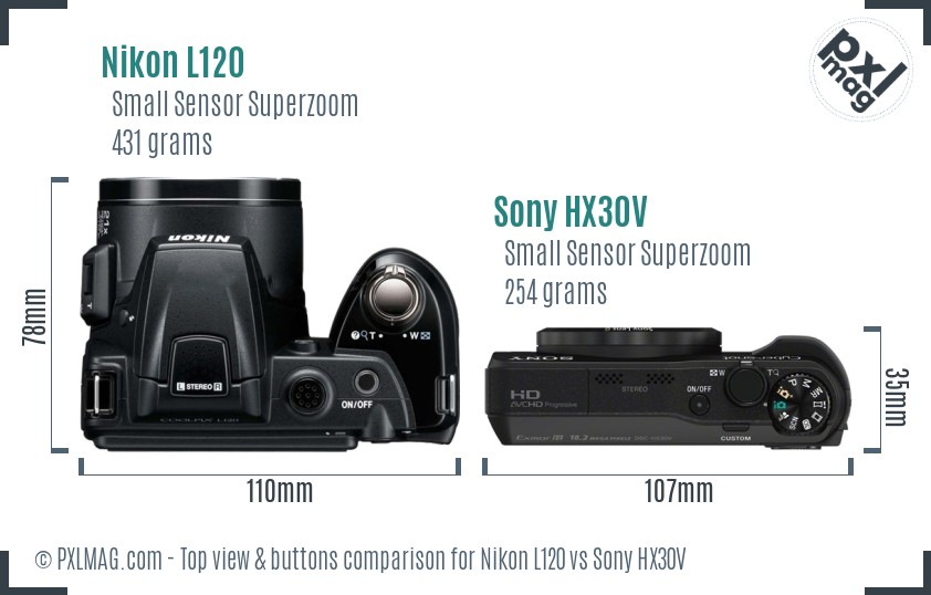 Nikon L120 vs Sony HX30V top view buttons comparison