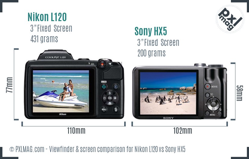 Nikon L120 vs Sony HX5 Screen and Viewfinder comparison