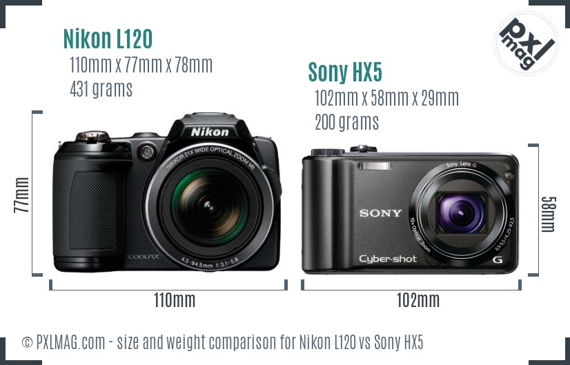 Nikon L120 vs Sony HX5 size comparison
