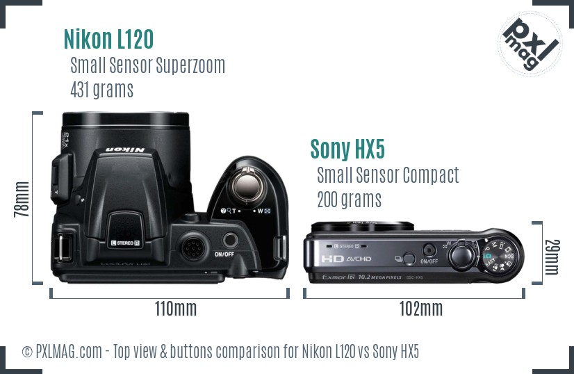 Nikon L120 vs Sony HX5 top view buttons comparison