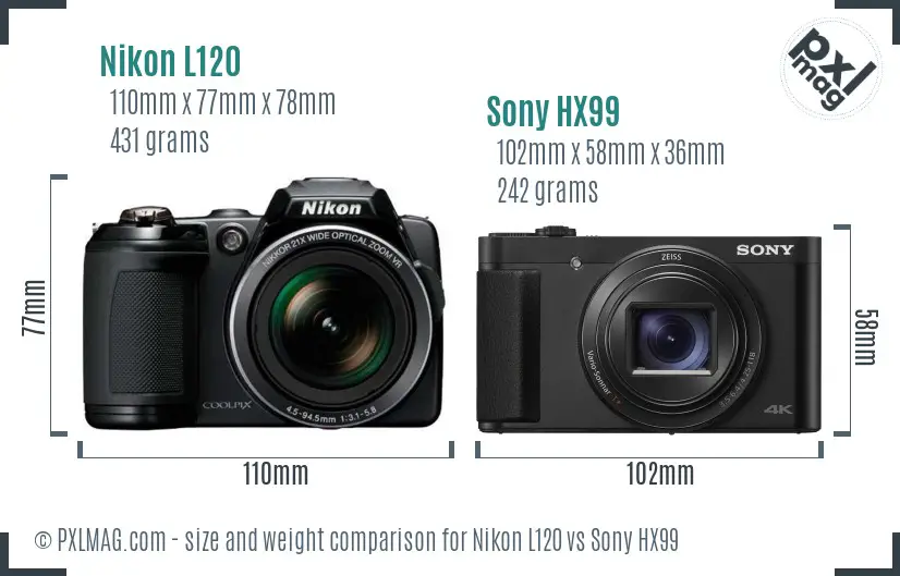 Nikon L120 vs Sony HX99 size comparison