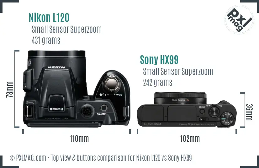 Nikon L120 vs Sony HX99 top view buttons comparison