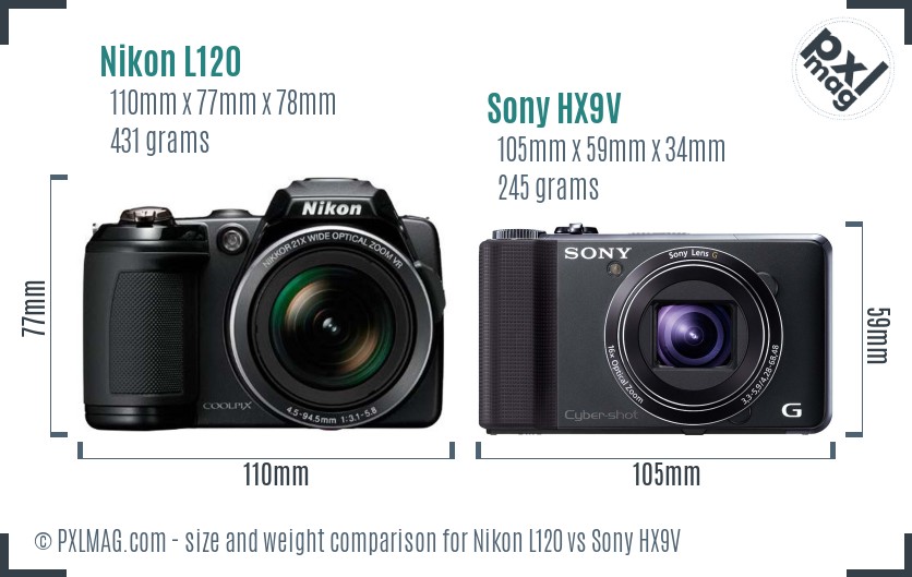 Nikon L120 vs Sony HX9V size comparison