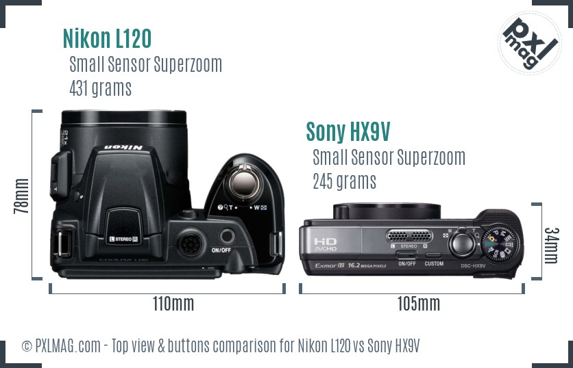 Nikon L120 vs Sony HX9V top view buttons comparison