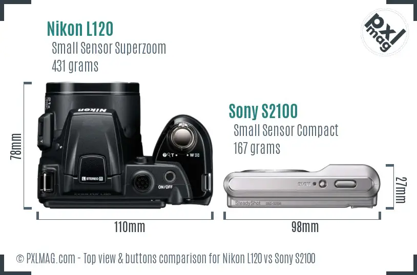 Nikon L120 vs Sony S2100 top view buttons comparison Nikon L120 vs Sony S2100 top view buttons comparison