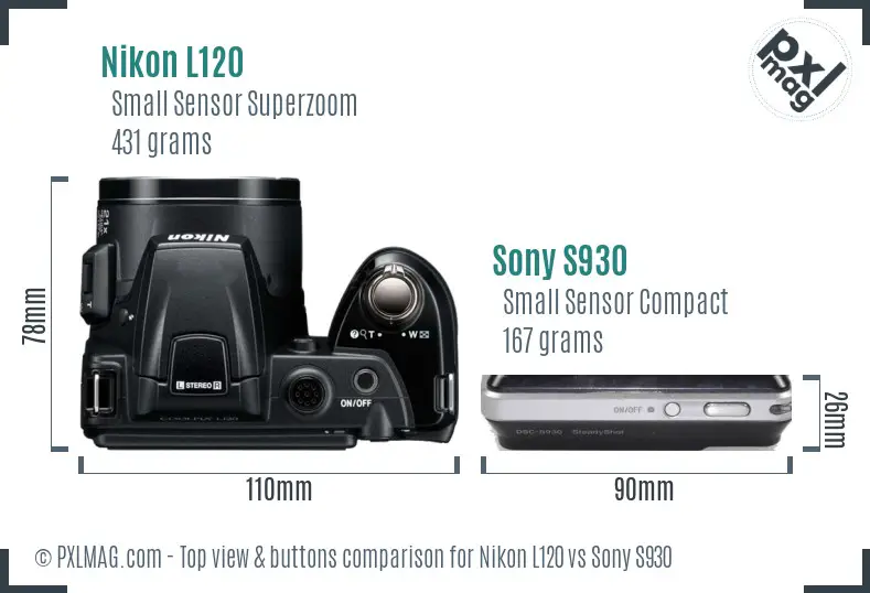 Nikon L120 vs Sony S930 top view buttons comparison