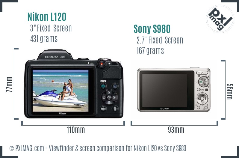 Nikon L120 vs Sony S980 Screen and Viewfinder comparison