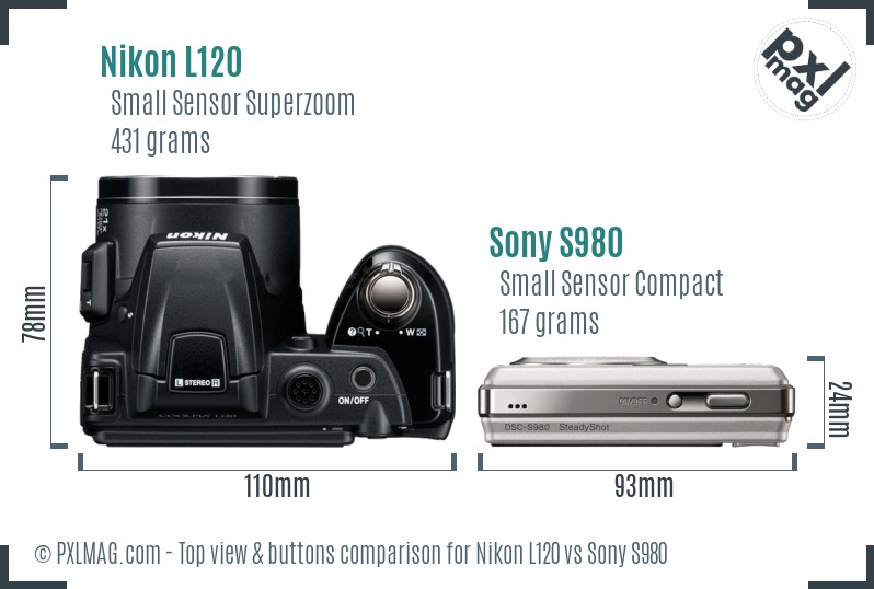 Nikon L120 vs Sony S980 top view buttons comparison