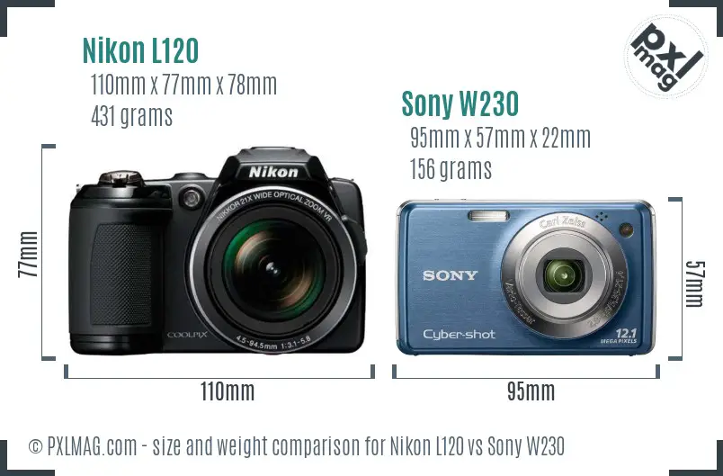 Nikon L120 vs Sony W230 size comparison