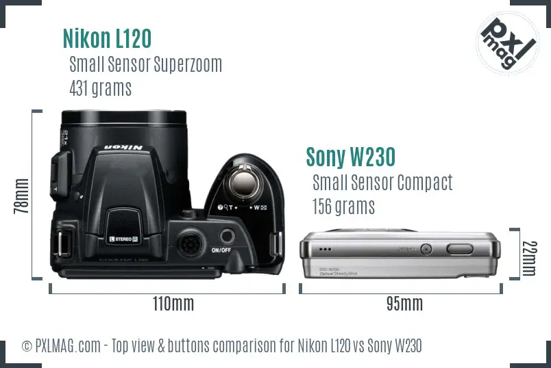 Nikon L120 vs Sony W230 top view buttons comparison