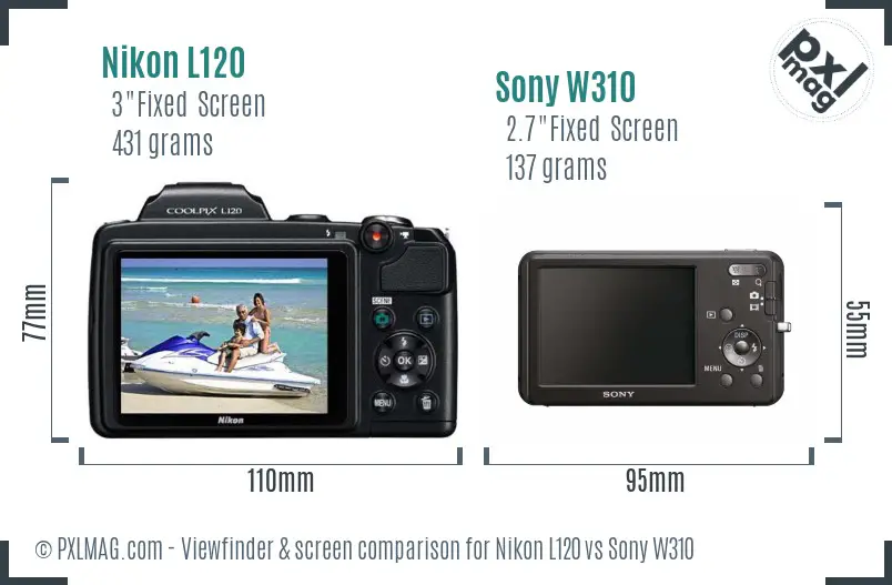 Nikon L120 vs Sony W310 Screen and Viewfinder comparison