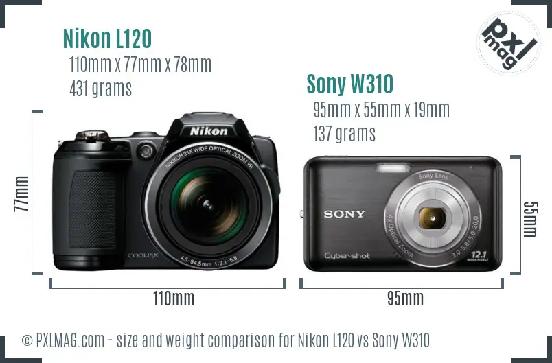 Nikon L120 vs Sony W310 size comparison