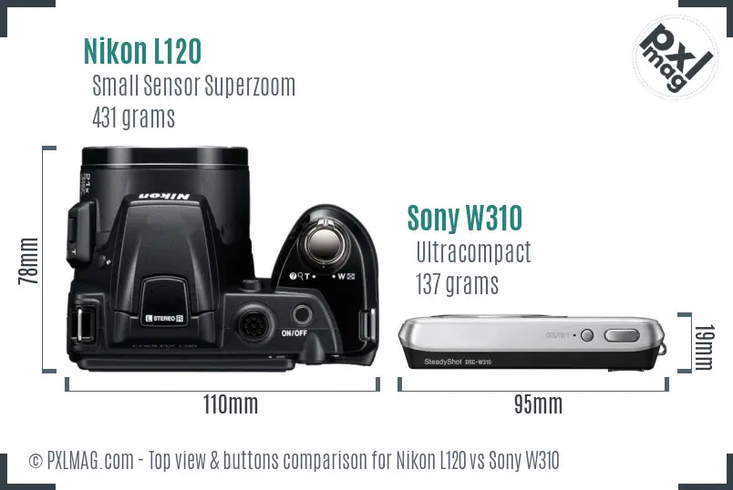 Nikon L120 vs Sony W310 top view buttons comparison