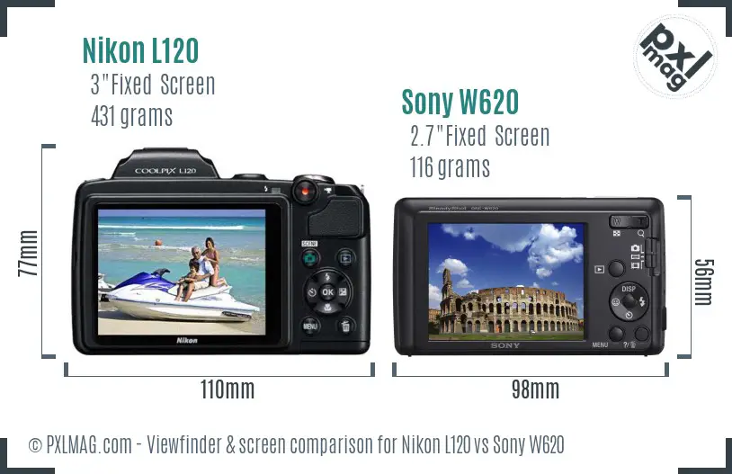 Nikon L120 vs Sony W620 Screen and Viewfinder comparison