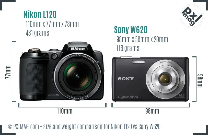 Nikon L120 vs Sony W620 size comparison