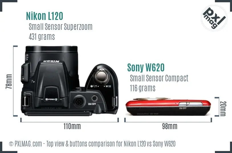 Nikon L120 vs Sony W620 top view buttons comparison