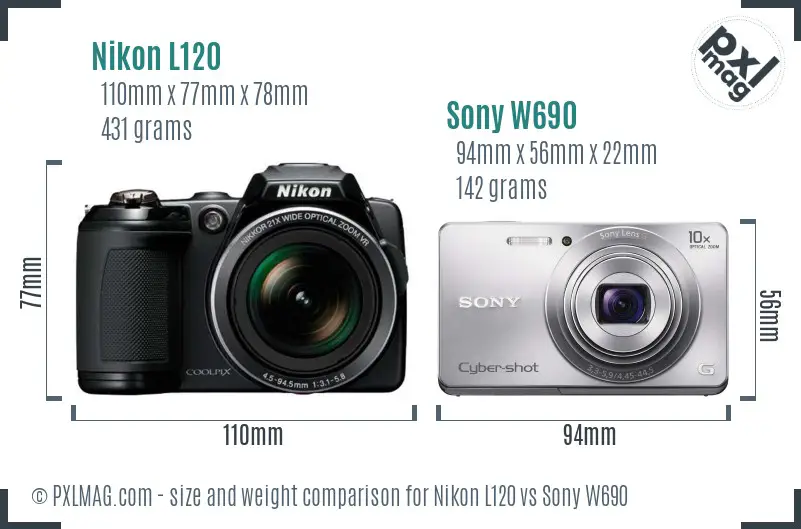 Nikon L120 vs Sony W690 size comparison