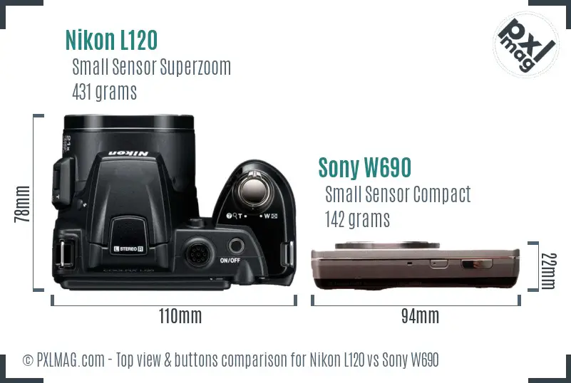 Nikon L120 vs Sony W690 top view buttons comparison
