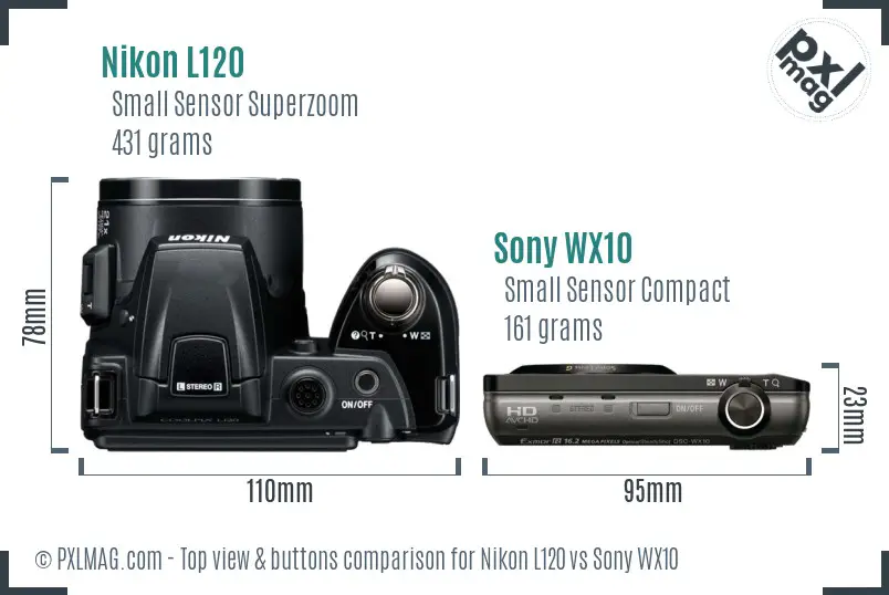 Nikon L120 vs Sony WX10 top view buttons comparison