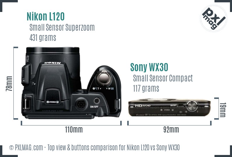 Nikon L120 vs Sony WX30 top view buttons comparison