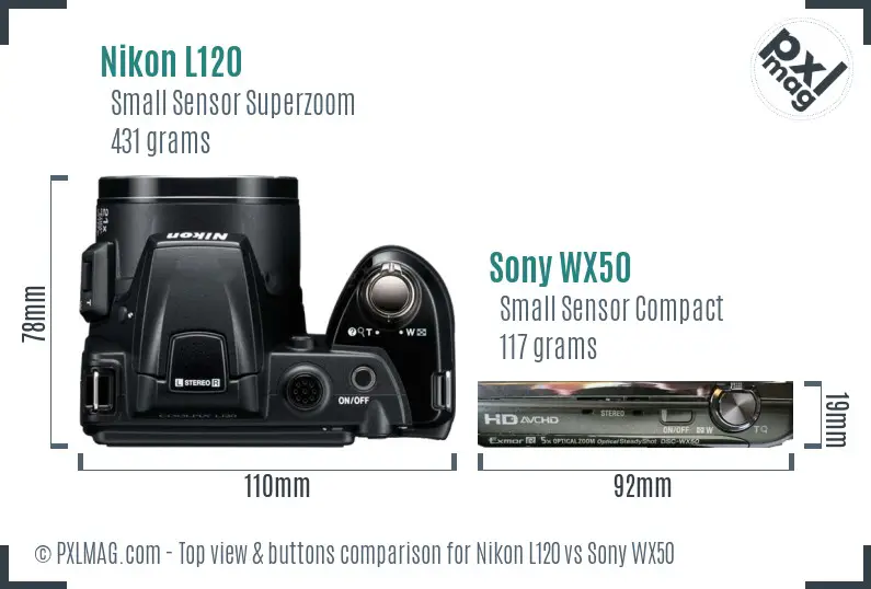 Nikon L120 vs Sony WX50 top view buttons comparison