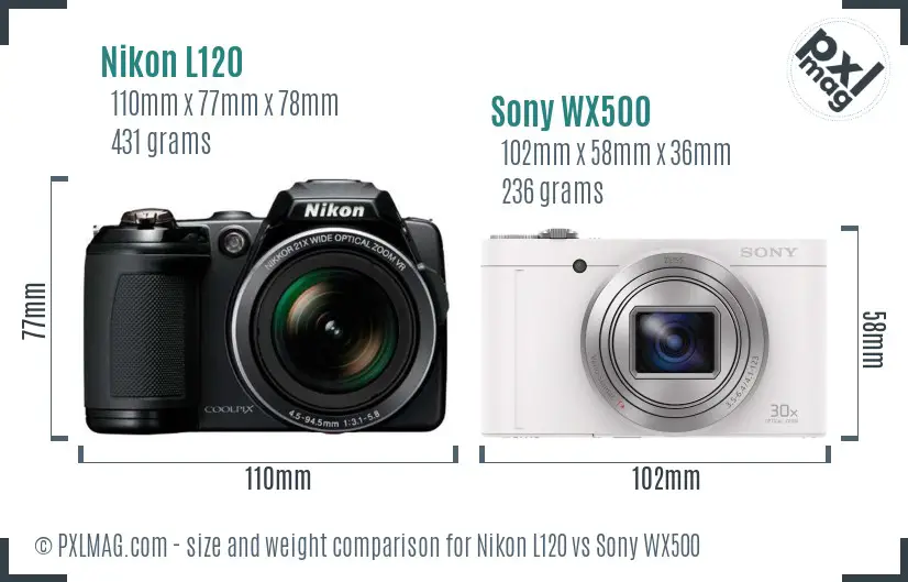 Nikon L120 vs Sony WX500 size comparison