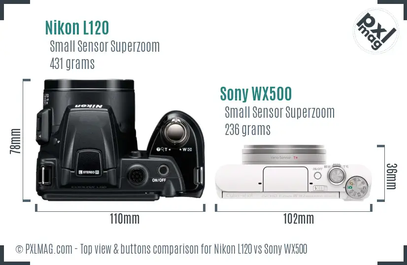 Nikon L120 vs Sony WX500 top view buttons comparison