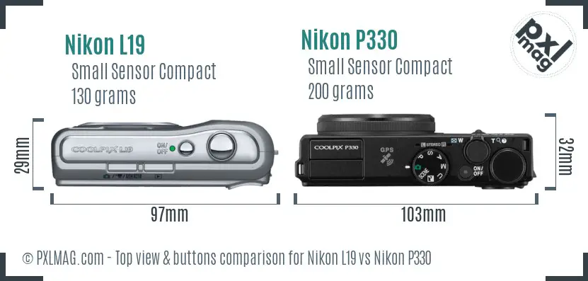 Nikon L19 vs Nikon P330 top view buttons comparison Nikon L19 vs Nikon P330 top view buttons comparison