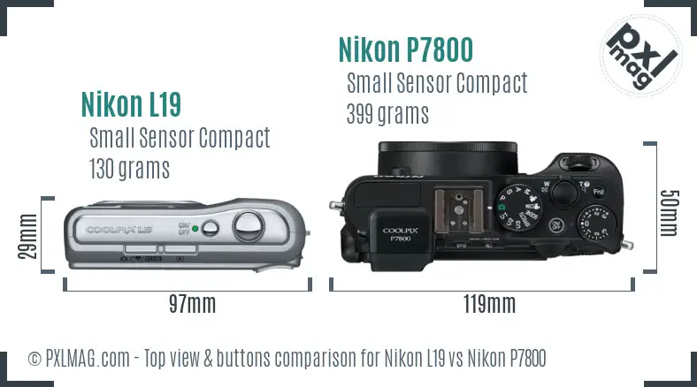 Nikon L19 vs Nikon P7800 top view buttons comparison