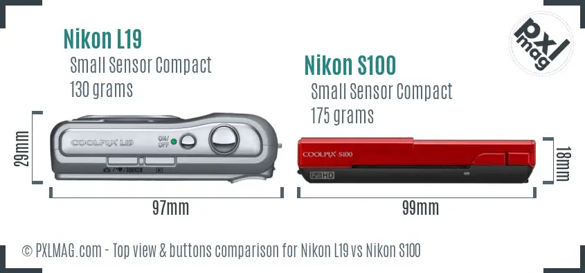 Nikon L19 vs Nikon S100 top view buttons comparison
