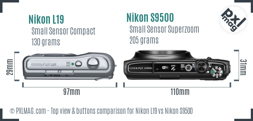 Nikon L19 vs Nikon S9500 top view buttons comparison