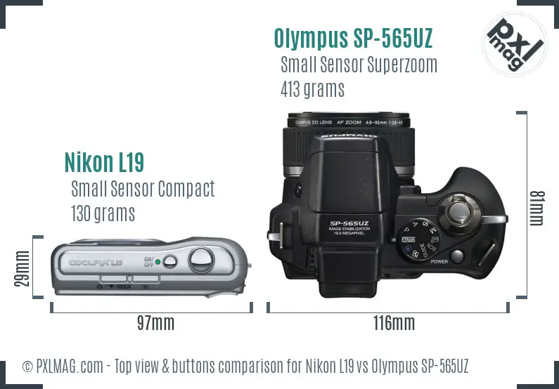 Nikon L19 vs Olympus SP-565UZ top view buttons comparison Nikon L19 vs Olympus SP-565UZ top view buttons comparison