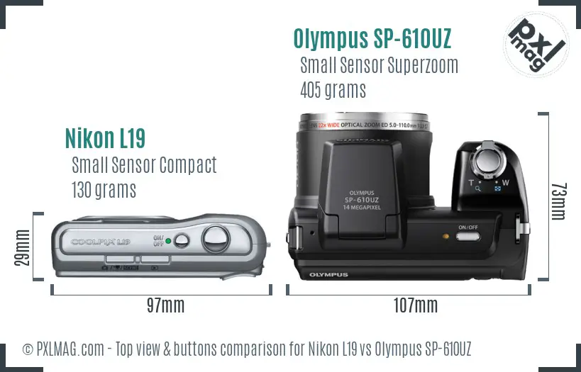 Nikon L19 vs Olympus SP-610UZ top view buttons comparison